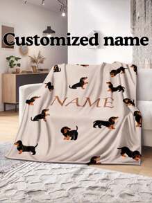 1pc Customized Name Dachshund Fleece Blanket, Unisex, Soft Plush Throw For Girls, Boys, Teens, Adults, Christmas Gift, All-Season, Reversible, Machine Washable, Contemporary Style, Digital Print, Superfine Fiber Cover, 260-300g Square
