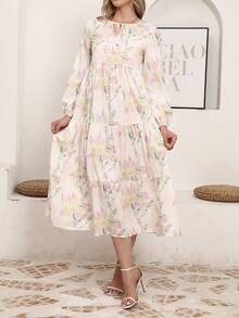 Floral Print Tie-Back Patchwork Ruffle Hem Arabic Dress, Modest - Multicolor - View 9