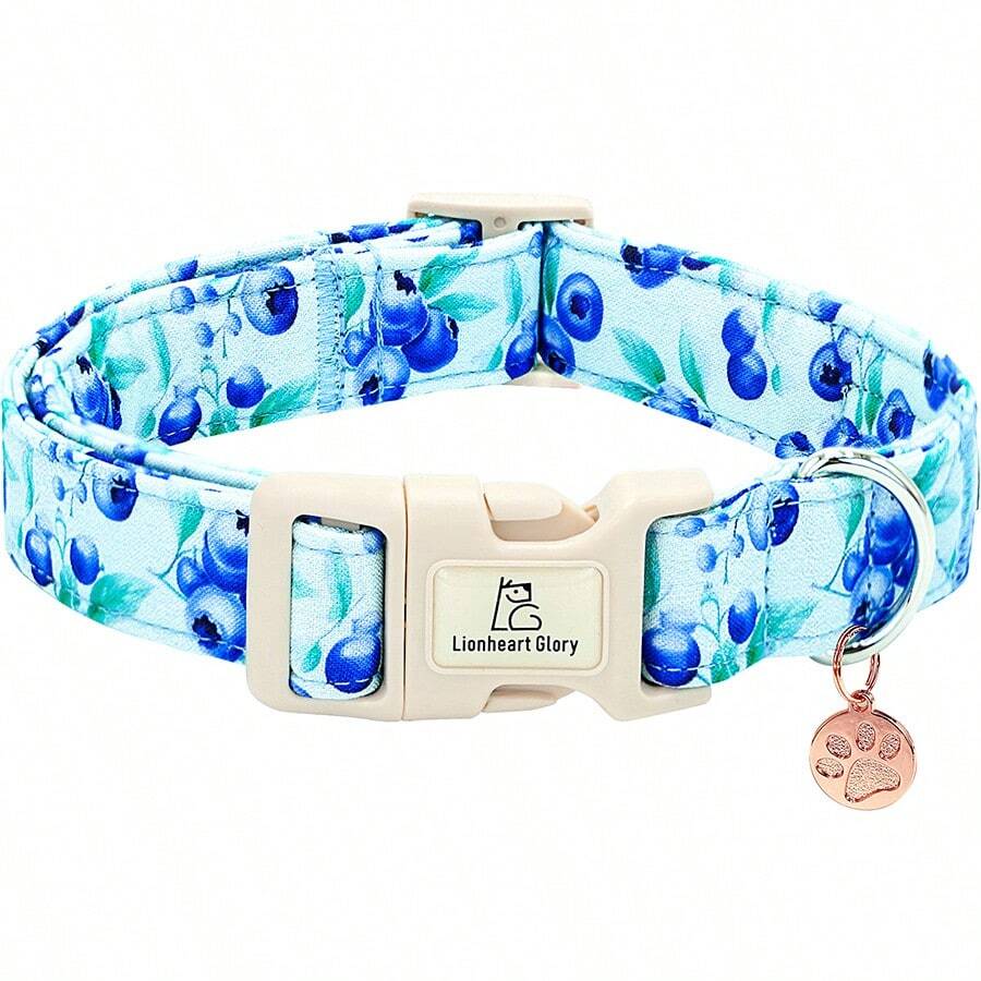 Lionheart Glory Blueberry Print Dog Collar, Suitable For Medium Dogs, Unisex For Spring/Summer, Pet Gift, Adjustable, Durable, Cute Pet Collar