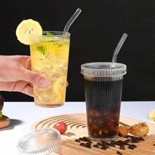 1pc Vertical Striped Transparent Cup With Lid And Straw, For Home Use