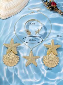 4pcs Exaggerated Sexy Metal Starfish, Shell, Spiral Design Bracelet Necklace Earrings Jewelry Set, Perfect For Charming Ladies, Dancing, Festivals, Outfits, Swimwear, All Season