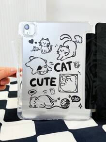 1 Piece Black Minimalist Line Drawing Cat Clear Acrylic Velvet Back Cover Folio Case With Pen Slot, Foldable Stand, Magnetic Sleep/Wake, Compatible With IPad