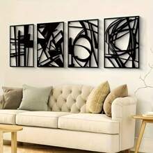 HELLOYOUNG 4 Pieces Of Simple Black Metal Wall Decor 4 Pieces Of Simple Abstract Black Metal Wall Decor, Fashionable Theme Design, Metal Surface, Suitable For Modern Home Decor, Home Decoration, Room Decor, Bedroom Decor, Bathroom Decor, Waterproof