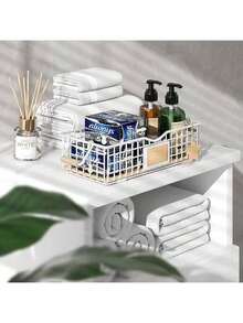 Toilet Paper Storage Basket, Toilet Tank Topper Basket For Bathroom, Cute Narrow Storage Basket For Toilet Tank Top, Bathroom Metal Basket For Bathroom Decor - White - White - View 6