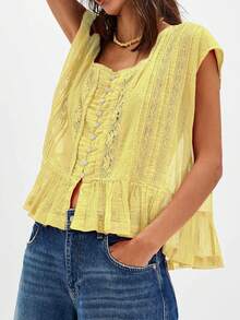 Women Summer Boho Button Front Lace Trim Shirts Tops Y2k Short Sleeve Square Neck Flowy Frilly Chiffon Cardigan Ruffle Eyelet Tank Tops Beach Vacation Going Out Tops Blouses Casual Aesthetic Clothes - Màu vàng - Xem 1