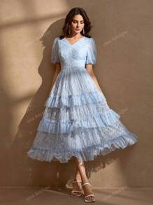 Vestido de sirena con volantes en las mangas de linterna y el bajo, con adorno floral, vestido de línea A romántico