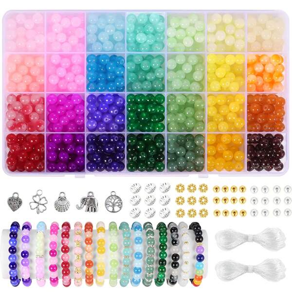 420 piezas/840 piezas Juego de fabricación de cuentas de vidrio redondas de jade de imitación de cristal de 8 mm, incluyendo alambre de cuentas, colgante de aleación, cuentas espaciadoras, para pulseras, collares, aretes, cadenas de teléfono móvil y artesanía (colores aleatorios)
