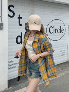 YUXIN 美式复古小众设计短袖格子衬衫女款，轻盈夏季防晒外套，宽松百搭，适合娇小身材，办公室通勤 - 黃色 - 查看 8