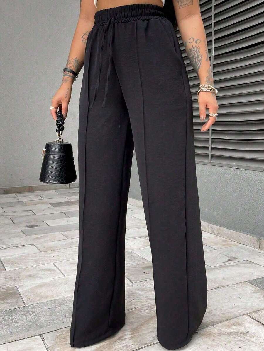 Duna Women's Wide Leg Pants Elastic Waist With Pocket High Waist Simple Casual Elegant Party Drawstring Split Pocket Daily Trousers - màu đen - Xem 1
