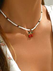 1pc Glass Beaded Necklace With Cherry Pendant, Creative Colorful Glass Beads Decor Women Necklace, Suitable For Daily Outfit, Street, Party And Photo Shoot - Multicolor - View 1