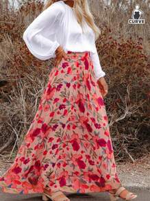 Plus Size Women's Chiffon Floral Print High Waist Loose Fit Maxi Skirt, Elegant Casual Summer Beach Holiday