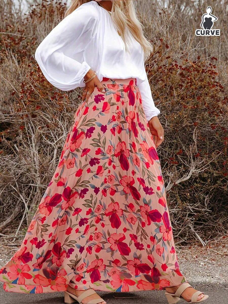 Plus Size Women's Chiffon Floral Print High Waist Loose Fit Maxi Skirt, Elegant Casual Summer Beach Holiday