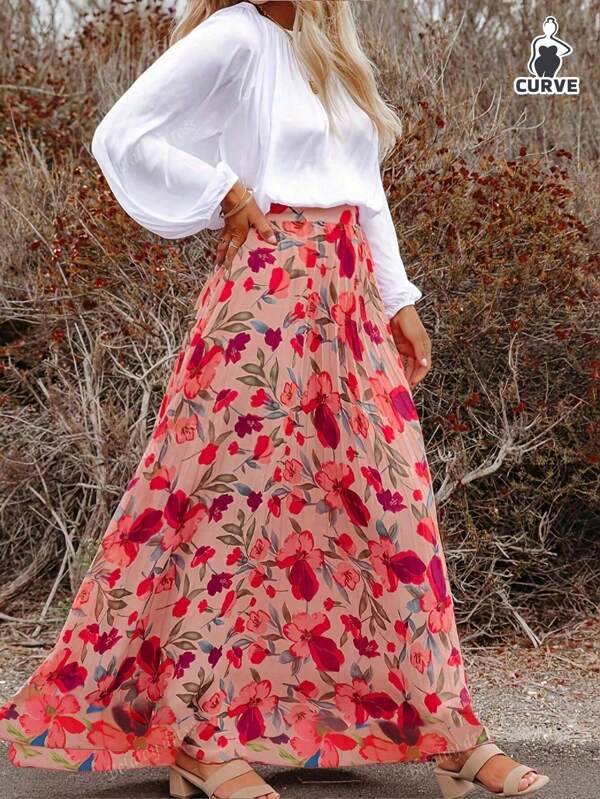 Plus Size Women's Chiffon Floral Print High Waist Loose Fit Maxi Skirt, Elegant Casual Summer Beach Holiday