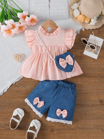 2pcs/Set Girls Casual Fashion Pink Double Ruffle Cap Sleeve Dress With White Lace Hem Shorts, Butterfly Decor & Pockets, Summer Outfit With Mini Bag