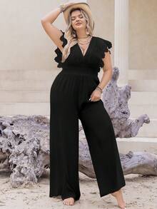Rusttydustty Combinaison ample en vacances de style bohème pour femmes grande taille, col V profond noir, manches courtes - Noir - Voir 4