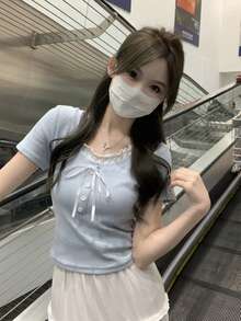 新款修身撞色二合一甜美短袖T恤 - 藍色 - 查看 4