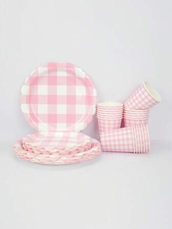 10pcs/30pcs/60pcs Pink Scalloped Gingham Party Supplies Light Pink And White Checkered Paper Plates Cups Set For Bridal Shower, Wedding, Birthday Party, Outdoor Picnic