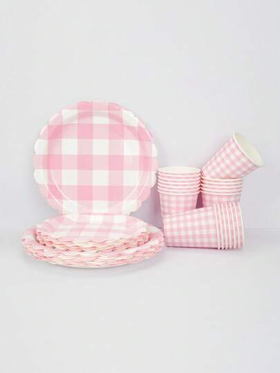 10pcs/30pcs/60pcs Pink Scalloped Gingham Party Supplies Light Pink And White Checkered Paper Plates Cups Set For Bridal Shower, Wedding, Birthday Party, Outdoor Picnic