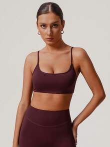 Sodalemon 女士健身露背直筒瑜伽训练运动文胸 - 酒紅色 - 查看 5