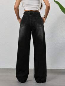 复古黑色宽松直筒牛仔裤，休闲男友风时尚牛仔裤，女士春夏款 - 黑色 - 查看 9