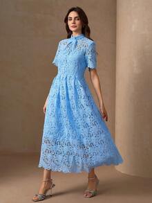 优雅圆领后背拉链腰部褶皱 A 字下摆蕾丝花边奢华女士连衣裙 - 淺藍色 - 查看 3