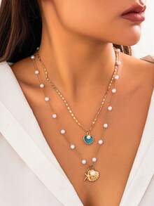 2pcs/Set Beach Style Metal Starfish Pearl Shell Necklace Set, Vacation Jewelry (Assorted Pearl Quantity) - View 2