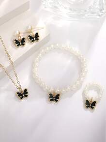 5 Pieces Girl Pearl Drop Oil Small Butterfly Necklace Bracelet Ring Simple Match All Set