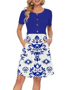 Vestido corto de mujer para el verano con pliegues, botones delanteros y bolsillos hasta la rodilla, modelo 2025 nuevo - Azul - Ver 1