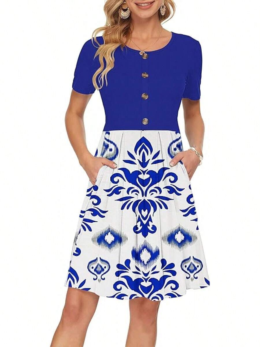 Vestido corto de mujer para el verano con pliegues, botones delanteros y bolsillos hasta la rodilla, modelo 2025 nuevo - Azul - Ver 1