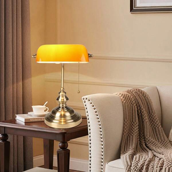 Lampada da scrivania in vetro ambrato, stile vintage, classica americana, con base in bronzo, attacco E27, interruttore a catena, per ufficio, biblioteca, studio, camera da letto [classe energetica A+]