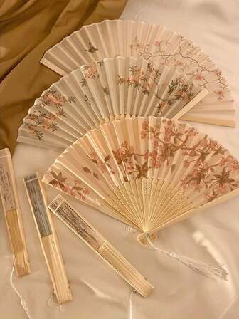 1pc Retro Folding Fans,Tassel Handheld Bamboo Fans,Haitang Fan,Bamboo Fan,Painted Fans,Foldable Hand Fan,Wedding Hand Fan,Party Hand Fan,Decorative Fan,Elegant And Casual Style, Mother's Day Gifts,Birthday Gifts,Back To School Season Gifts
