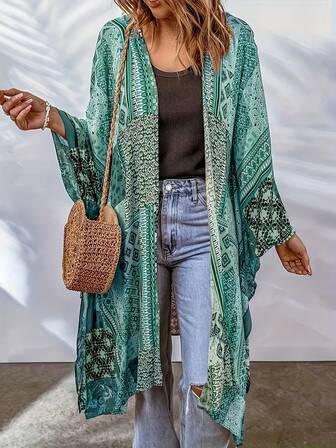 Plus Size Women's Bohemian Casual Beach Vacation Long Sleeved Cover Up Shirt
