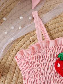 Baby Girls Cute Summer Outfit Set: Strawberry Print Strap With Mesh Strawberry Decor Bodysuit & Headband, Plus Outdoor Sport Wear - Pink - View 4