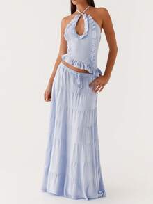 Y2k Maxi Skirt Set For Women Backless Lace Halter Top And Pleated Flowy Skirt Sets Beach Sheer Dress Summer 2 Piece Outfit Beach Set - 藍色 - 查看 3
