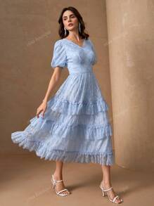 Vestido de sirena con volantes en las mangas de linterna y el bajo, con adorno floral, vestido de línea A romántico