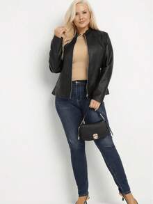 Women's Jacket Solid Color Casual Elegant Zipper Pocket - Black - View 3