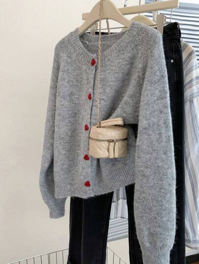 Vintage Heart Button Solid Color Wool Blend Oversized Crew Neck Cardigan, Minimalist & Versatile For Autumn/Winter