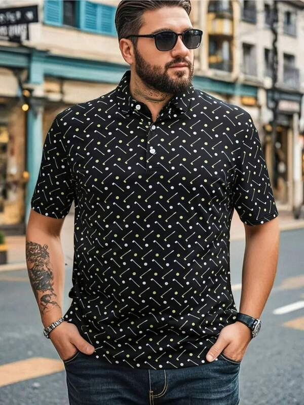 Polo de hombre talla grande de secado rápido y alto rendimiento, de manga corta, con estampado, absorbente de humedad y cuello de polo