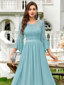 MIUSOL Sequin Floral Lace Bell Sleeve Colorblock Chiffon Ruffle Hem Formal Party Dress, Wedding Guest Gown - Mint Blue - View 9