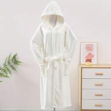 1pc Pineapple Textured Hooded Bathrobe, Coral Fleece Soft Absorbent Warm Robe For Bathroom, Bedroom, Pool, All Seasons Back To School - Pink - View 17