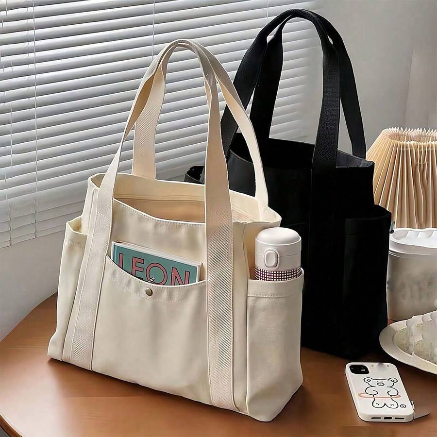 1 pieza Bolsa de lona de gran capacidad, Bolsa de hombro con múltiples bolsillos, Bolsa de compras reutilizable, Fácil de llevar, Asa cómoda, Adecuada para uso diario y regalos. Bolso portátil adecuado para escuela, trabajo, viajes y compras.