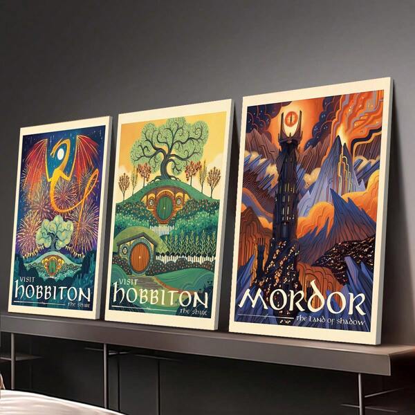 BAEMEFLE 1/3/20 Piezas, Pinturas impresas en lienzo, Viaje a la Tierra Media de Tolkien, Pósteres de viaje retro de El Hobbit, Decoración de habitación, Pósteres murales, Decoración de fondo para sala de estar y sofá, Decoración de pasillo, Decoración del hogar, Decoración de dormitorio, Decoración de baño, Decoración de habitación, Decoración de oficina, Decoración escolar, Regalo artístico