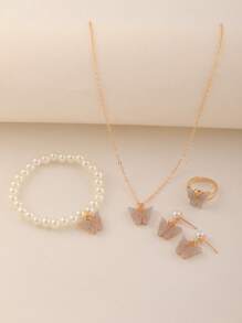 5pcs/Set Girls' Plastic Butterfly Necklace, Pearl Beaded Bracelet, Earrings, Ring Set, Decoration For Daily And Vacation