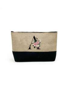1 set, Bolso de mano tipo tote con estampado de flores con inicial A y correas para el hombro & Set de bolsas de maquillaje con iniciales de la A a la Z, bolso de regalo personalizado con bolsillos laterales, bolso de playa con pañuelo, bolsos de almacenamiento portátiles y de ocio, bolsas de compras multifuncionales, bolsa de almacenamiento simple para viajes