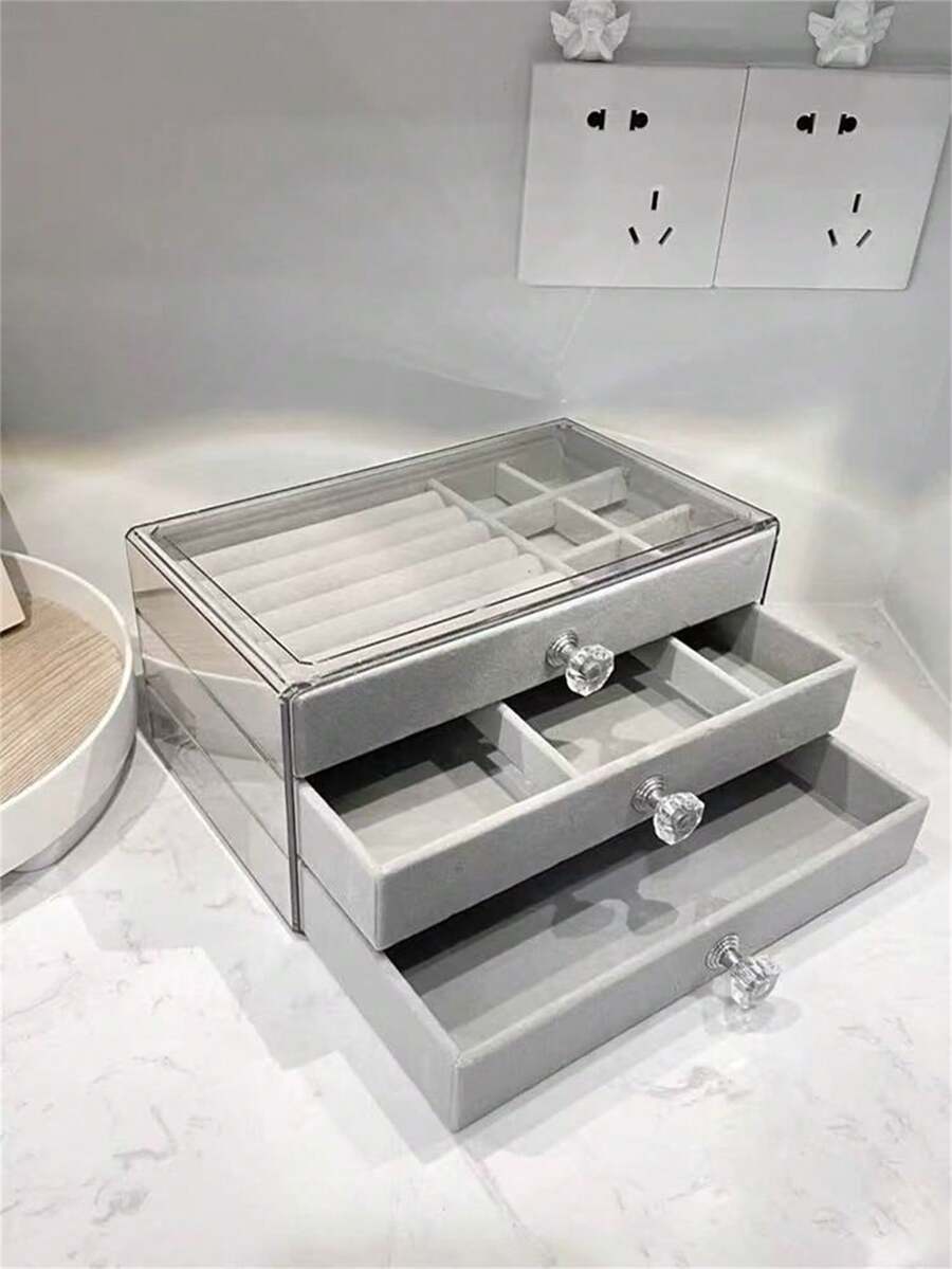 Caixa/Estojo De Armazenamento De Jóias/Joias/Colares/Anéis/Flanela De Três Camadas/3 - Cinza - Visão 1