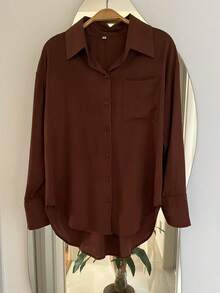 Women's Long Sleeve Button Down Shirt - Coffee Brown - View 1