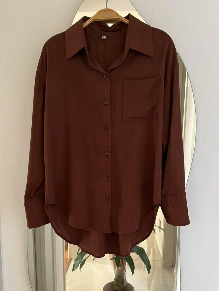 Women's Long Sleeve Button Down Shirt - Coffee Brown - View 1