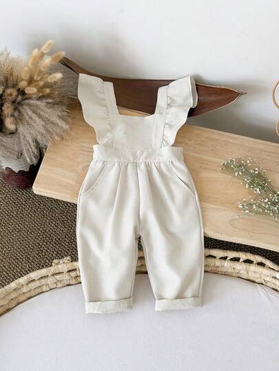 Baby Girls' Casual Solid Apricot Color Bib Pants, Summer