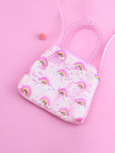 1 st paljettdekorerad barnmyntväska, tecknad regnbågsflickdesign för barn, söt axelväska för flickor