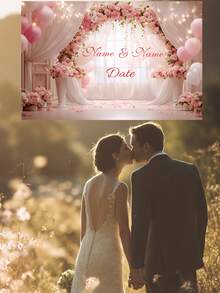 1 szt. personalizowane różowe tło z tiulu na wesele na świeżym powietrzu, spersonalizowane imię i data, tło na ceremonię ślubną i imprezę
